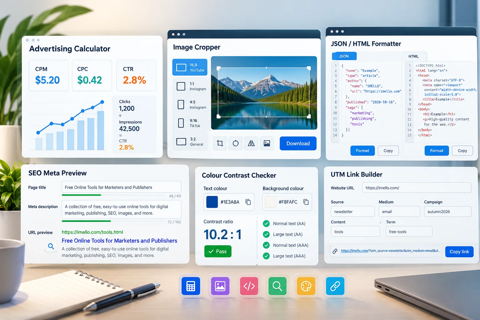 Illustrated previews of advertising metrics, image cropping, SEO, code formatting, contrast checks and UTM links